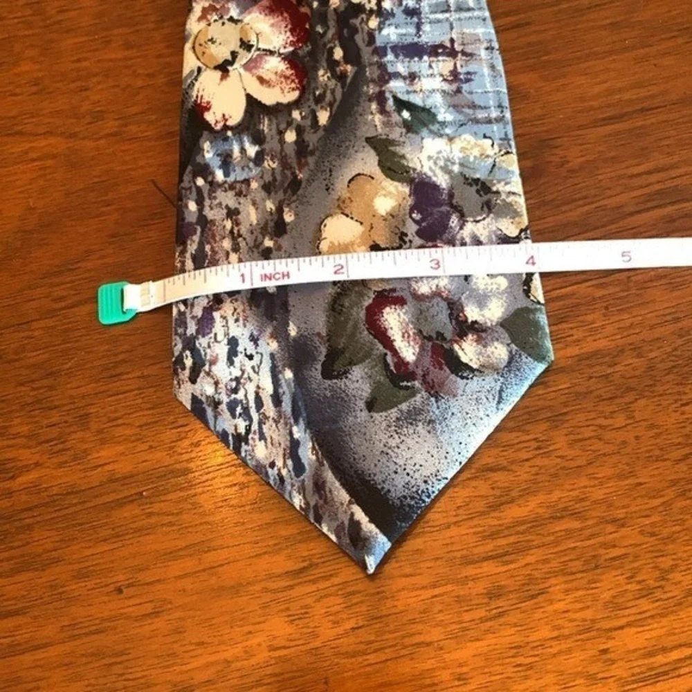 Elegant Floral Print Silk Tie in Blue & Gray W/ Watercolor Cherry Blossom Design